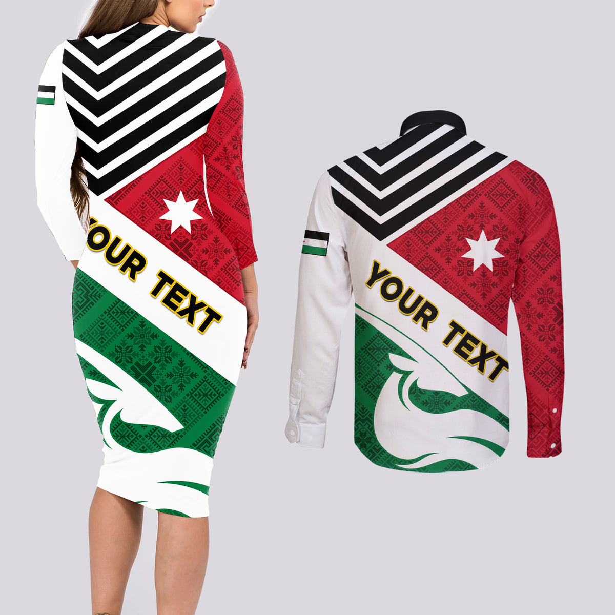 Jordan Independence Day Couples Matching Long Sleeve Bodycon Dress and Long Sleeve Button Shirt Jordanie Folk Pattern Flag Style - Wonder Print Shop