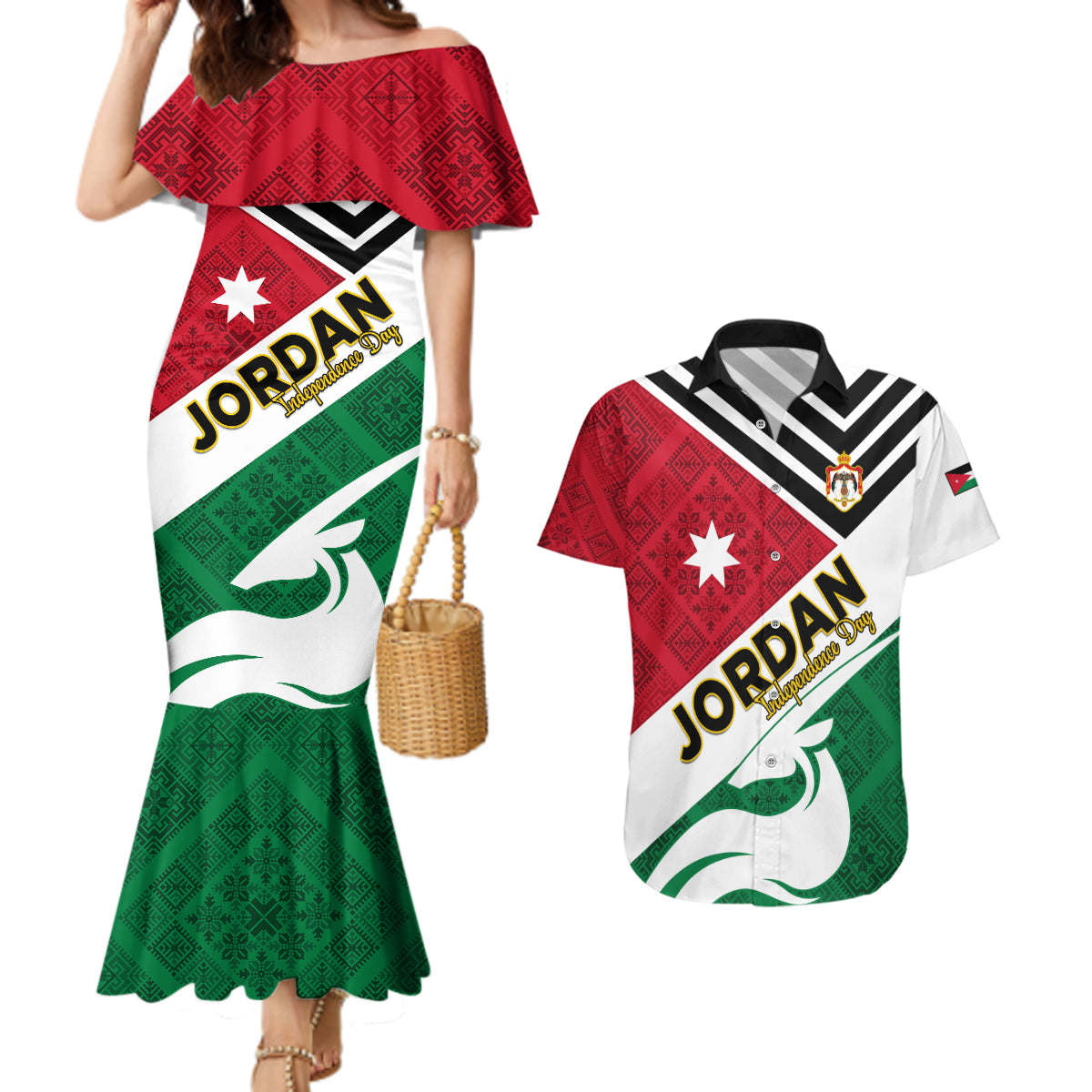 Jordan Independence Day Couples Matching Mermaid Dress and Hawaiian Shirt Jordanie Folk Pattern Flag Style - Wonder Print Shop