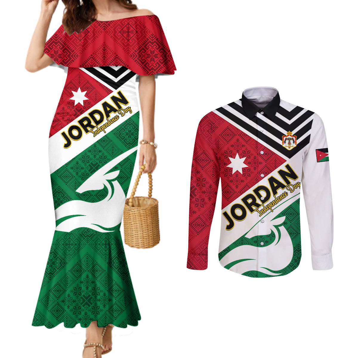 Jordan Independence Day Couples Matching Mermaid Dress and Long Sleeve Button Shirt Jordanie Folk Pattern Flag Style