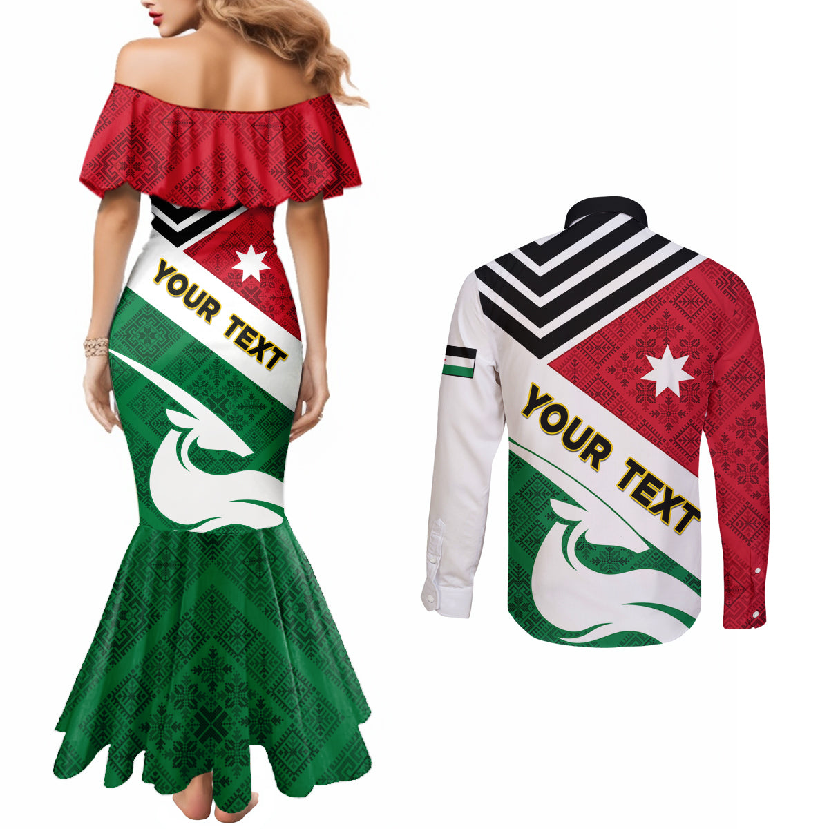 Jordan Independence Day Couples Matching Mermaid Dress and Long Sleeve Button Shirt Jordanie Folk Pattern Flag Style