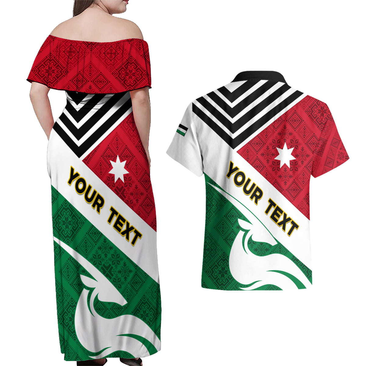 Jordan Independence Day Couples Matching Off Shoulder Maxi Dress and Hawaiian Shirt Jordanie Folk Pattern Flag Style - Wonder Print Shop