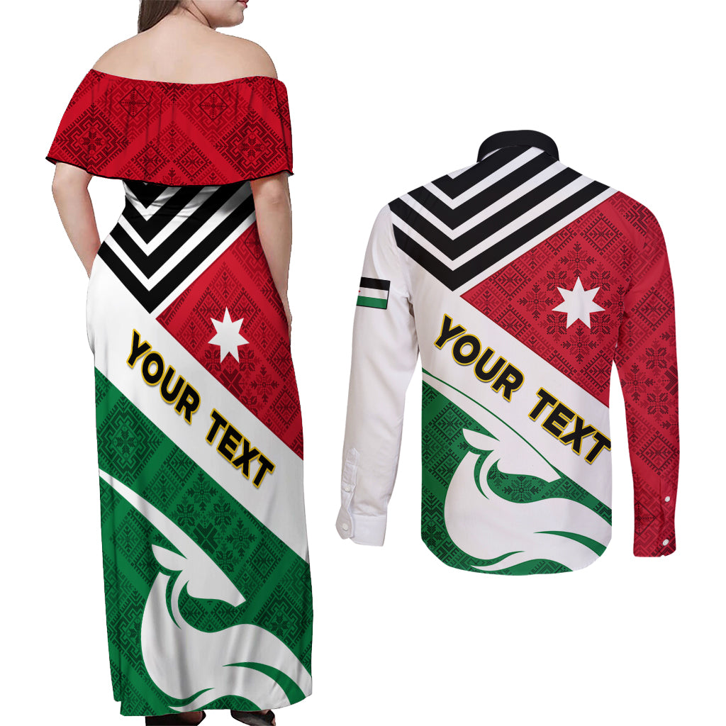 Jordan Independence Day Couples Matching Off Shoulder Maxi Dress and Long Sleeve Button Shirt Jordanie Folk Pattern Flag Style - Wonder Print Shop