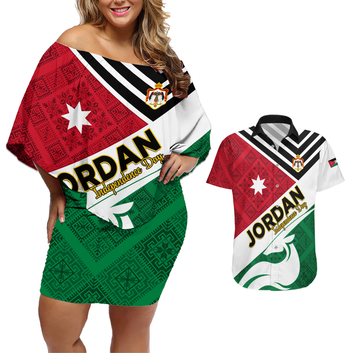 Jordan Independence Day Couples Matching Off Shoulder Short Dress and Hawaiian Shirt Jordanie Folk Pattern Flag Style - Wonder Print Shop