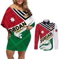 Jordan Independence Day Couples Matching Off Shoulder Short Dress and Long Sleeve Button Shirt Jordanie Folk Pattern Flag Style - Wonder Print Shop