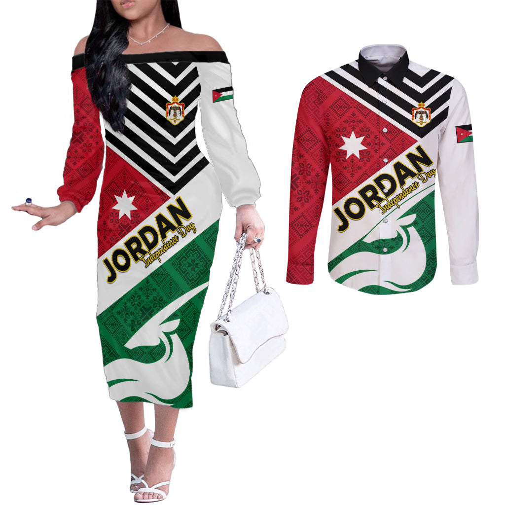 Jordan Independence Day Couples Matching Off The Shoulder Long Sleeve Dress and Long Sleeve Button Shirt Jordanie Folk Pattern Flag Style