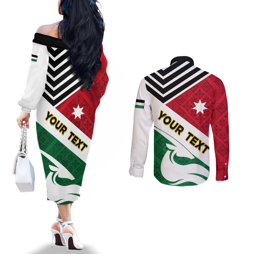 Jordan Independence Day Couples Matching Off The Shoulder Long Sleeve Dress and Long Sleeve Button Shirt Jordanie Folk Pattern Flag Style