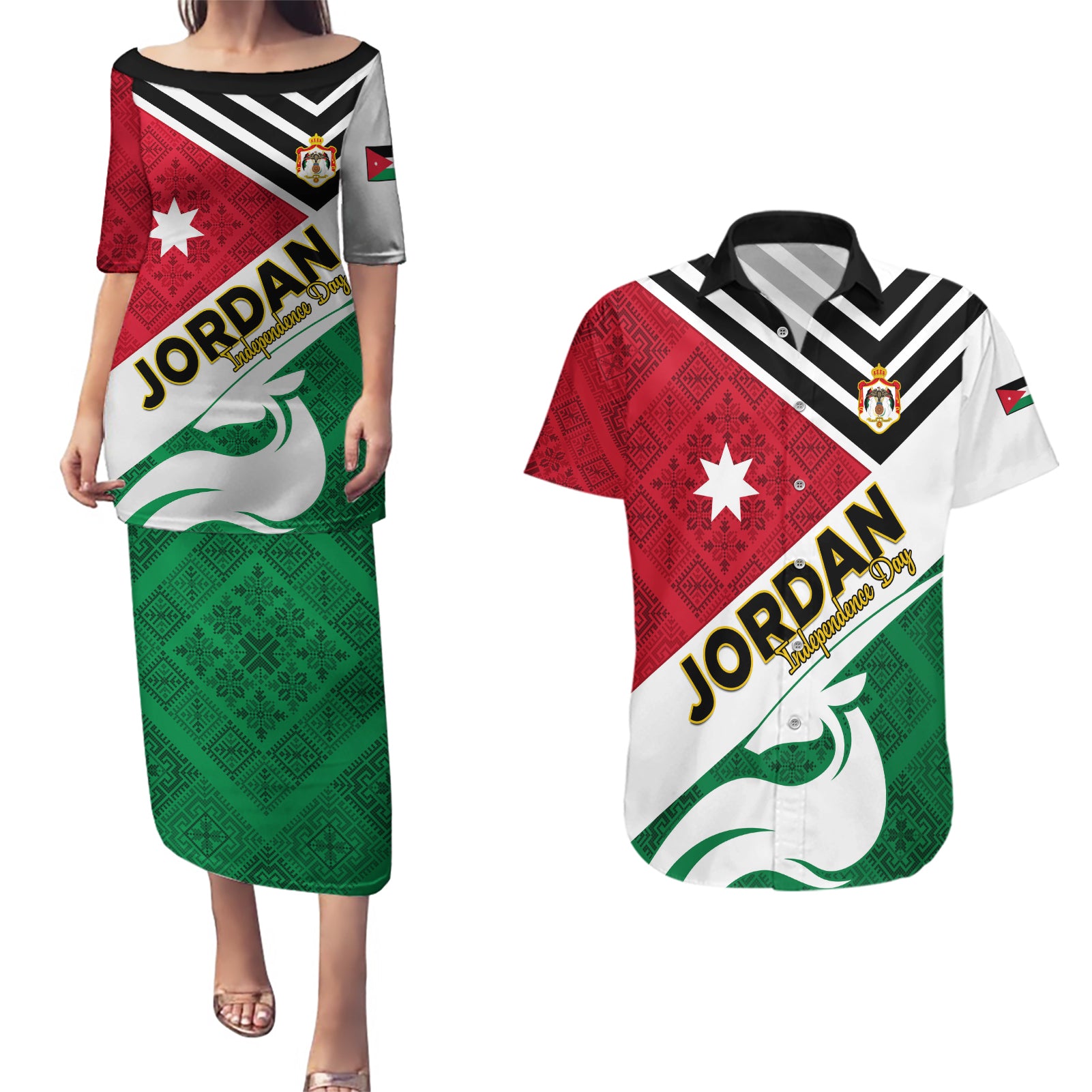 Jordan Independence Day Couples Matching Puletasi and Hawaiian Shirt Jordanie Folk Pattern Flag Style - Wonder Print Shop