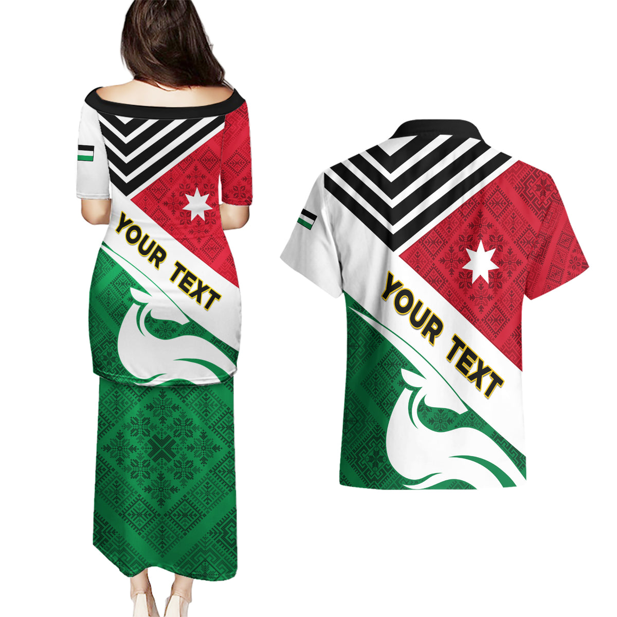 Jordan Independence Day Couples Matching Puletasi and Hawaiian Shirt Jordanie Folk Pattern Flag Style - Wonder Print Shop