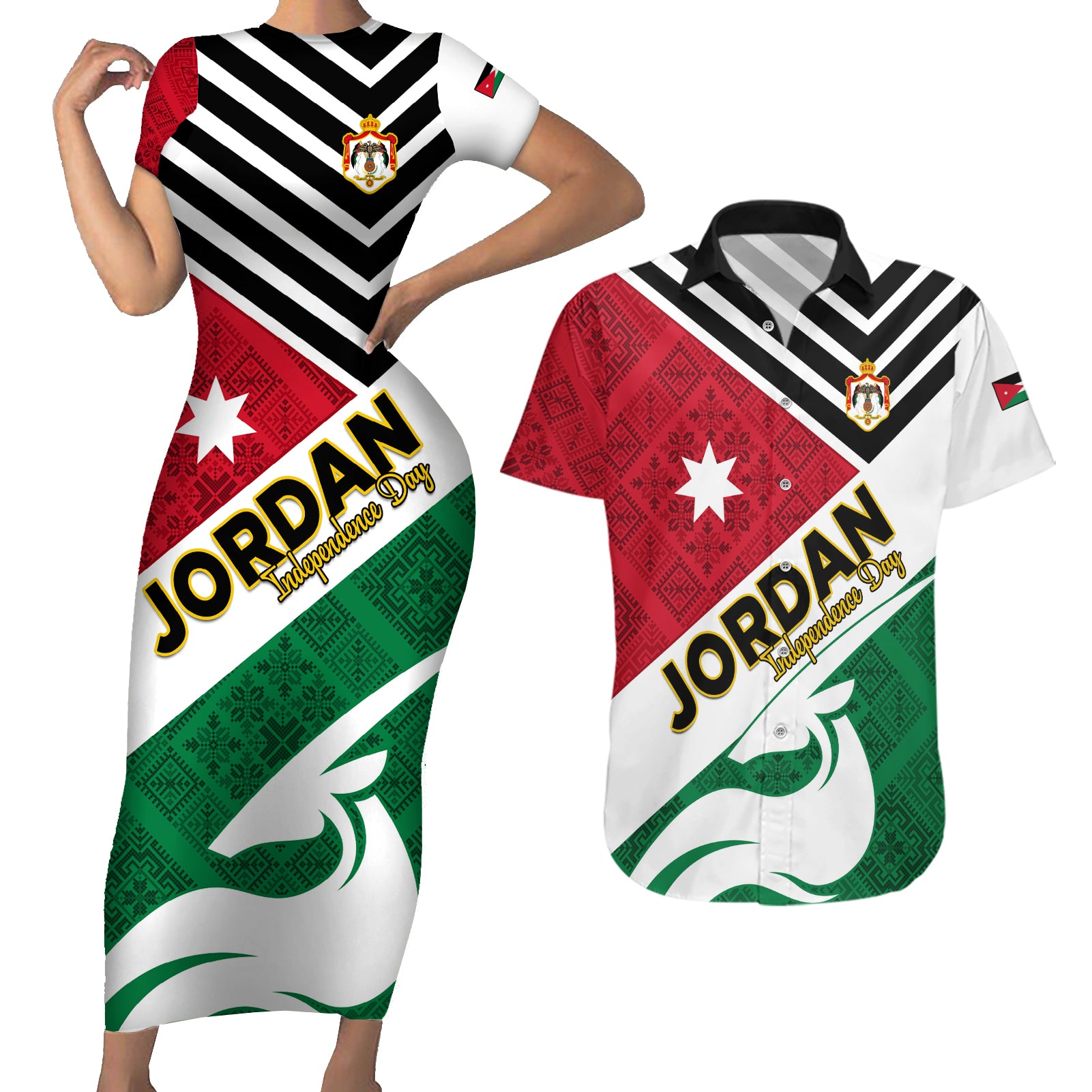 Jordan Independence Day Couples Matching Short Sleeve Bodycon Dress and Hawaiian Shirt Jordanie Folk Pattern Flag Style - Wonder Print Shop