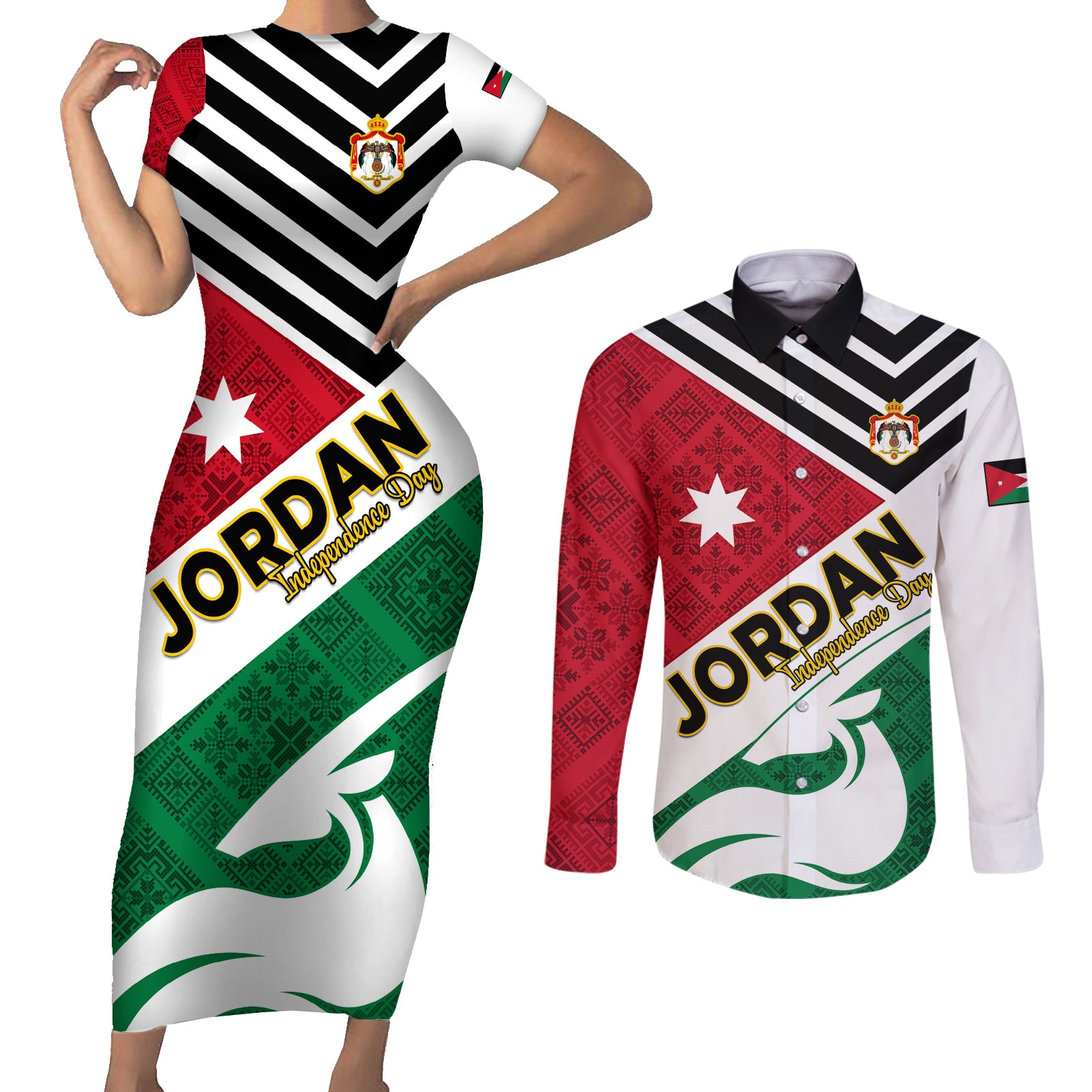 Jordan Independence Day Couples Matching Short Sleeve Bodycon Dress and Long Sleeve Button Shirt Jordanie Folk Pattern Flag Style - Wonder Print Shop