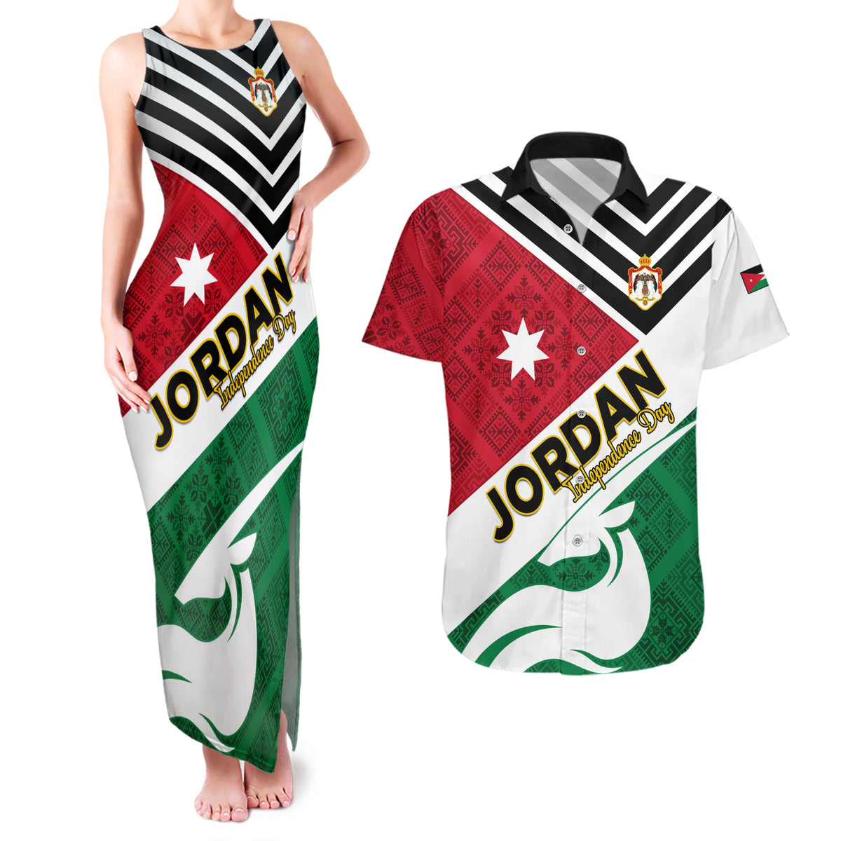 Jordan Independence Day Couples Matching Tank Maxi Dress and Hawaiian Shirt Jordanie Folk Pattern Flag Style - Wonder Print Shop