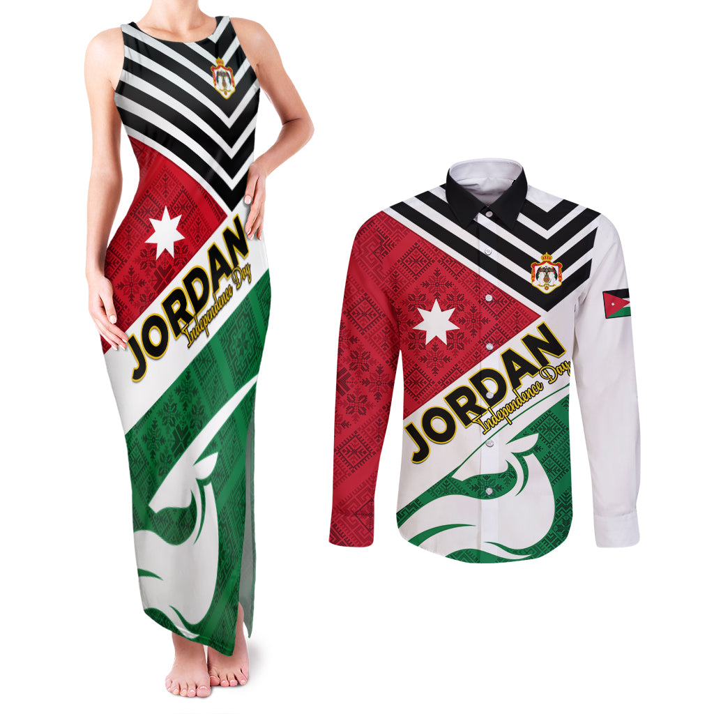 Jordan Independence Day Couples Matching Tank Maxi Dress and Long Sleeve Button Shirt Jordanie Folk Pattern Flag Style - Wonder Print Shop