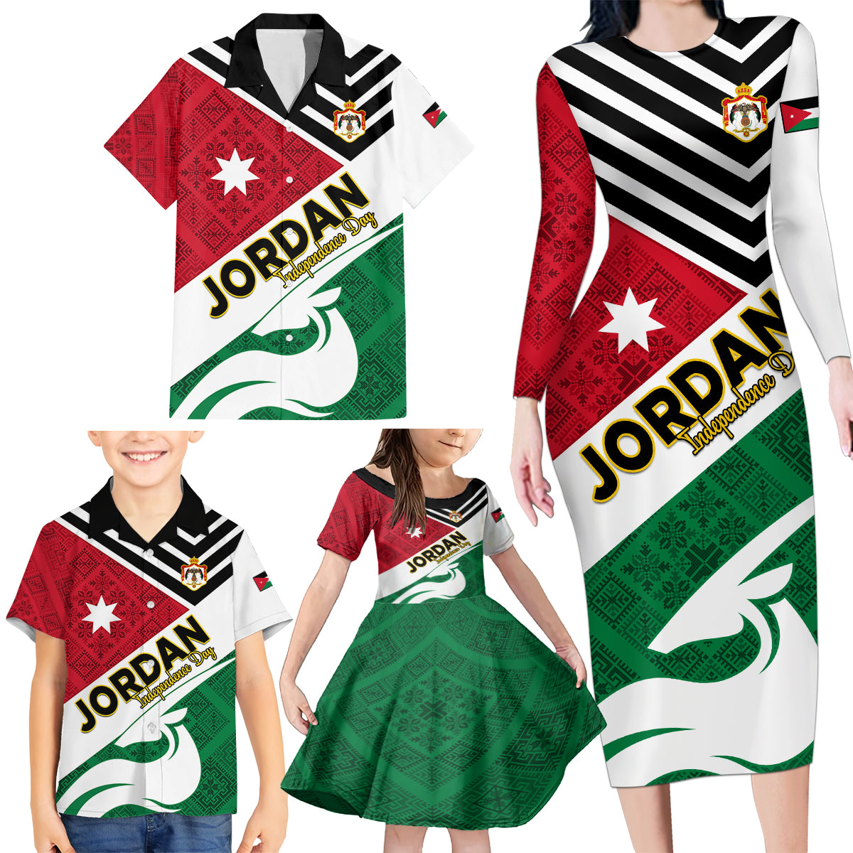 Jordan Independence Day Family Matching Long Sleeve Bodycon Dress and Hawaiian Shirt Jordanie Folk Pattern Flag Style - Wonder Print Shop