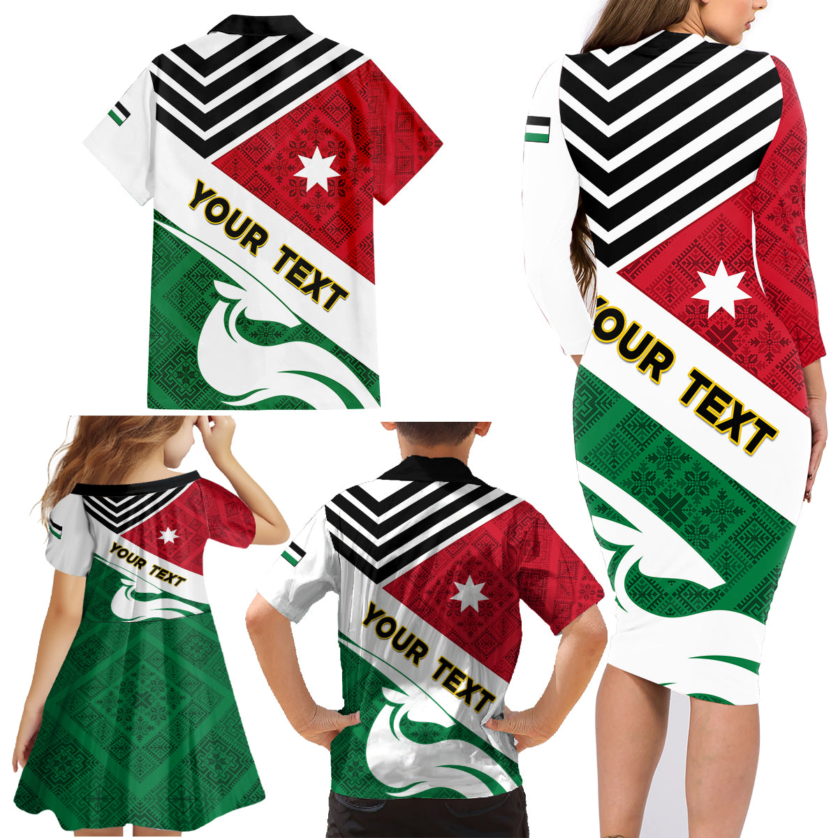 Jordan Independence Day Family Matching Long Sleeve Bodycon Dress and Hawaiian Shirt Jordanie Folk Pattern Flag Style - Wonder Print Shop