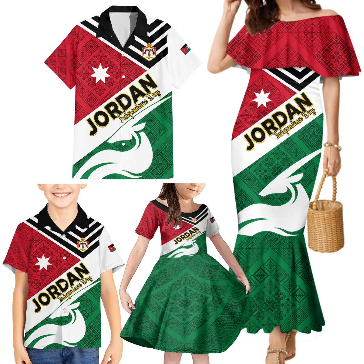 Jordan Independence Day Family Matching Mermaid Dress and Hawaiian Shirt Jordanie Folk Pattern Flag Style - Wonder Print Shop