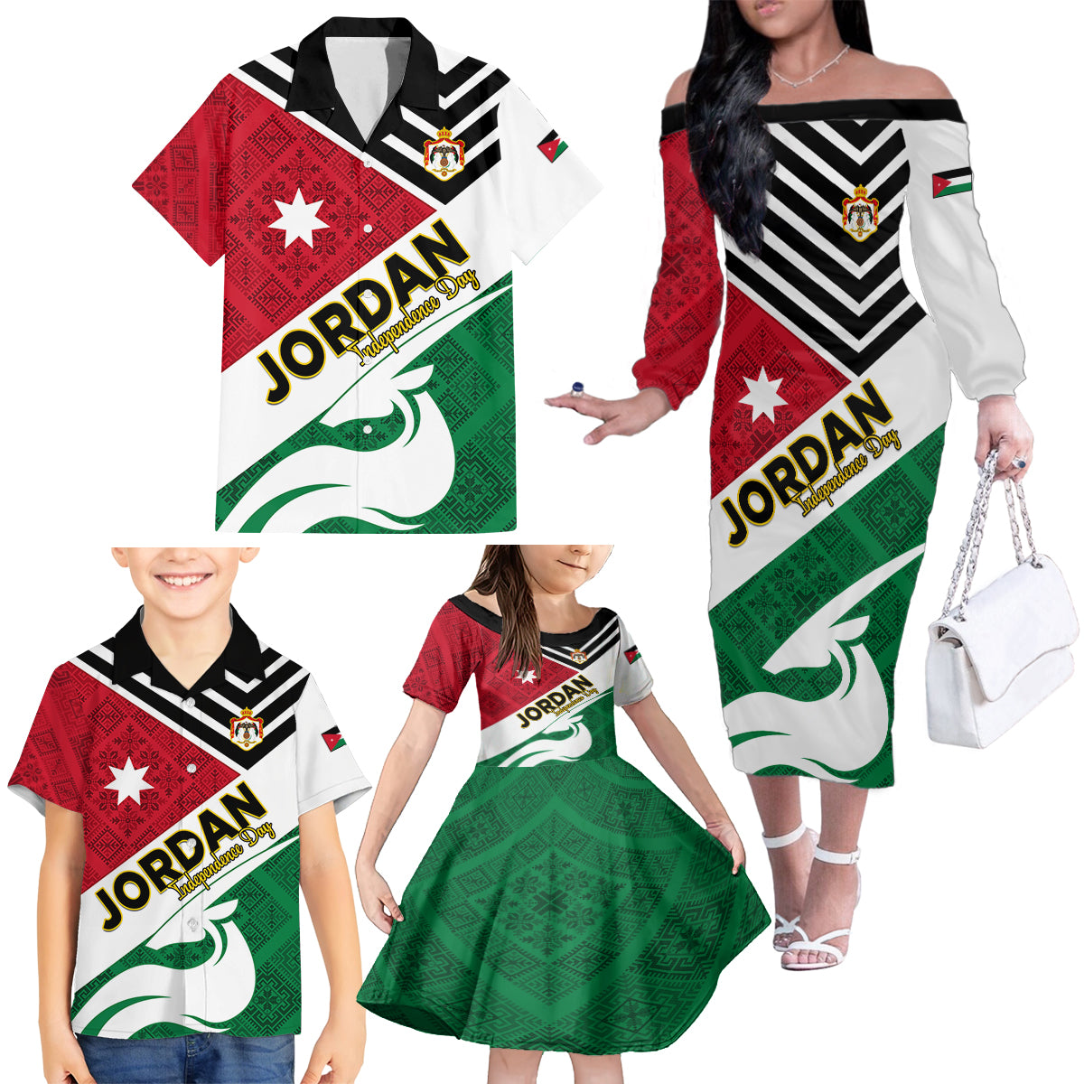 Jordan Independence Day Family Matching Off Shoulder Long Sleeve Dress and Hawaiian Shirt Jordanie Folk Pattern Flag Style - Wonder Print Shop