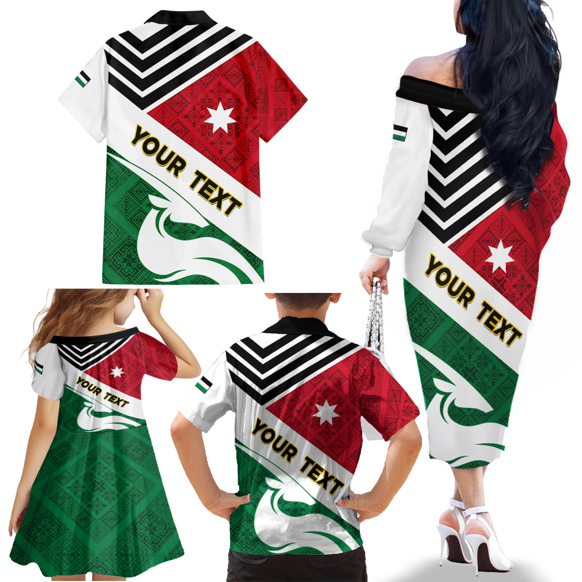 Jordan Independence Day Family Matching Off Shoulder Long Sleeve Dress and Hawaiian Shirt Jordanie Folk Pattern Flag Style - Wonder Print Shop