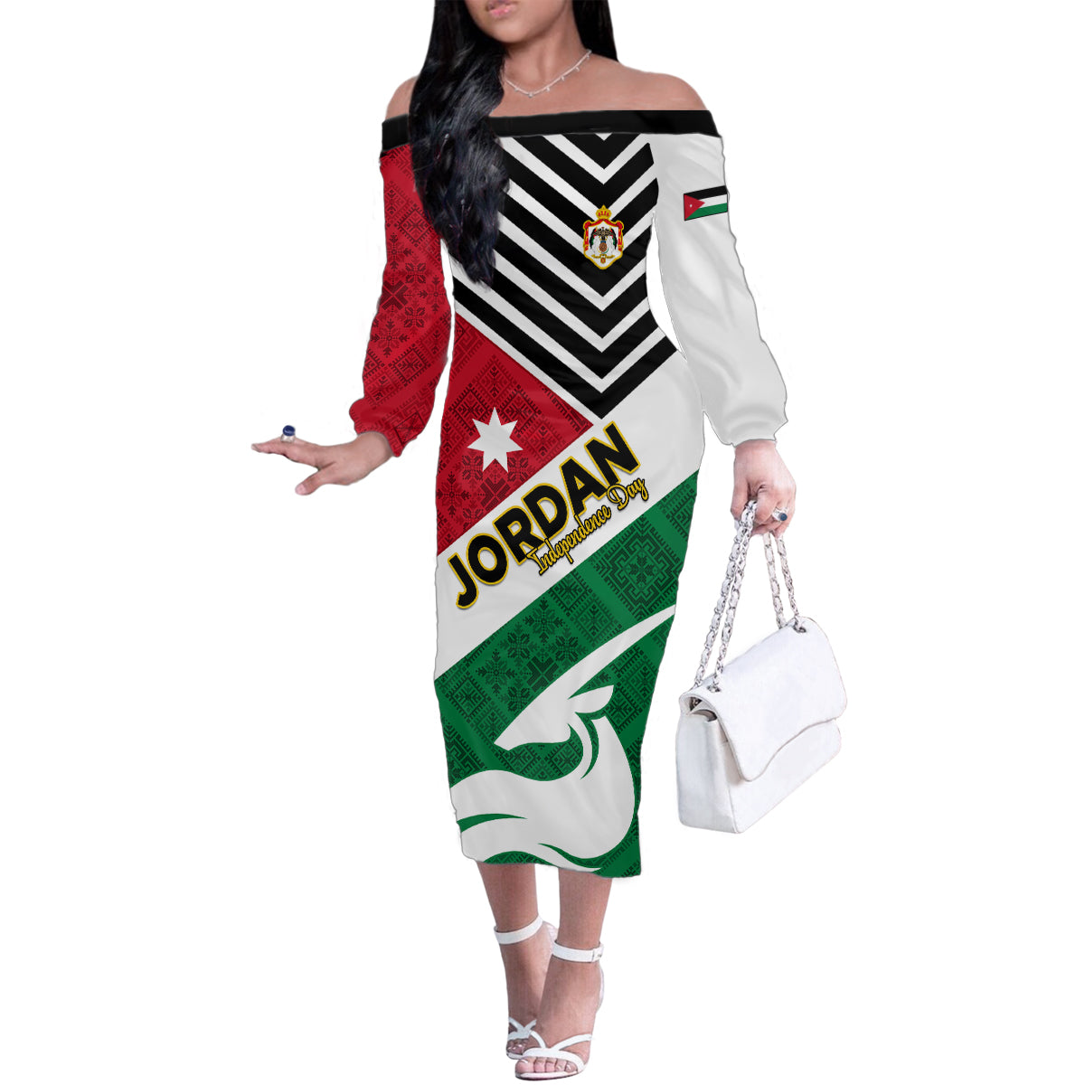Jordan Independence Day Family Matching Off Shoulder Long Sleeve Dress and Hawaiian Shirt Jordanie Folk Pattern Flag Style - Wonder Print Shop