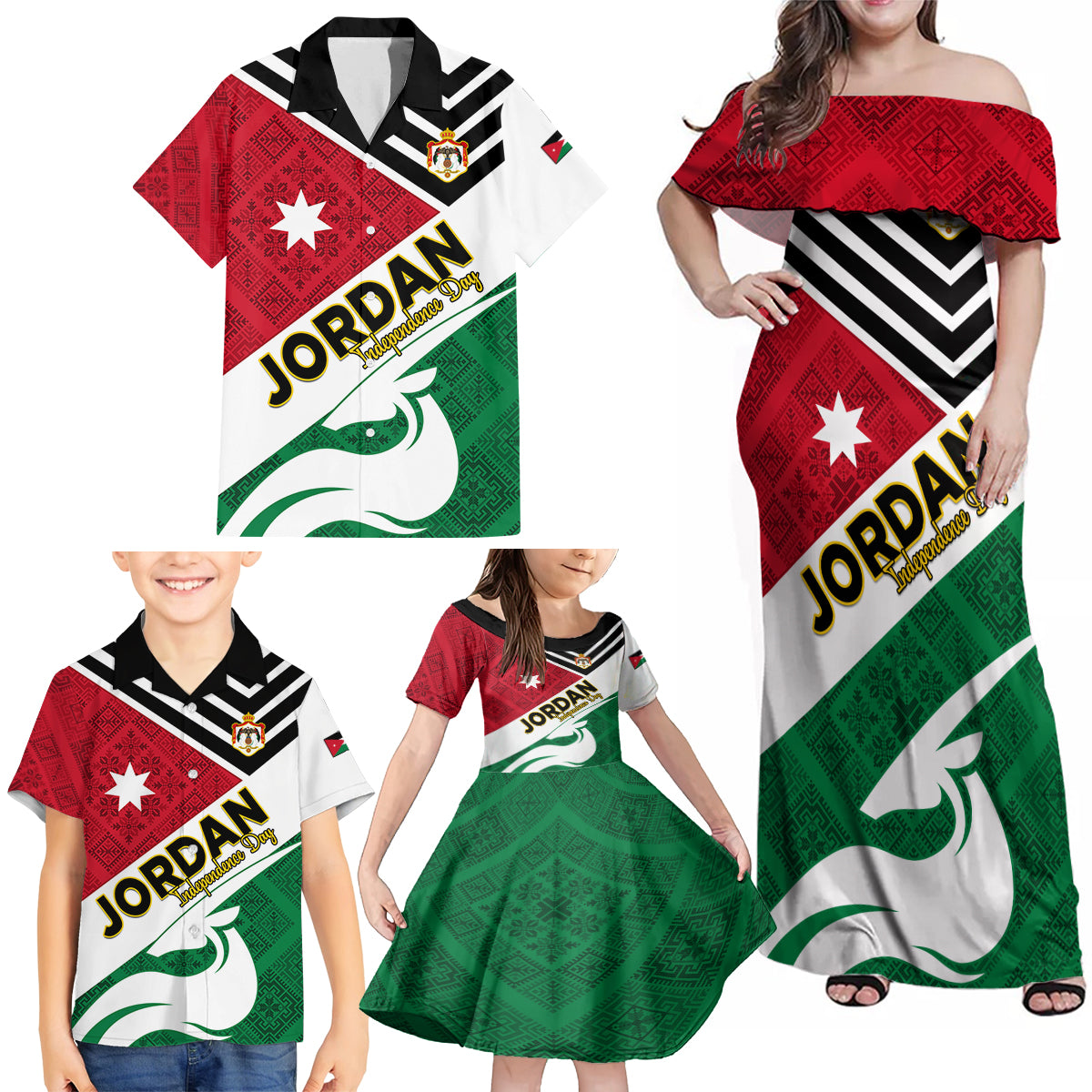 Jordan Independence Day Family Matching Off Shoulder Maxi Dress and Hawaiian Shirt Jordanie Folk Pattern Flag Style - Wonder Print Shop