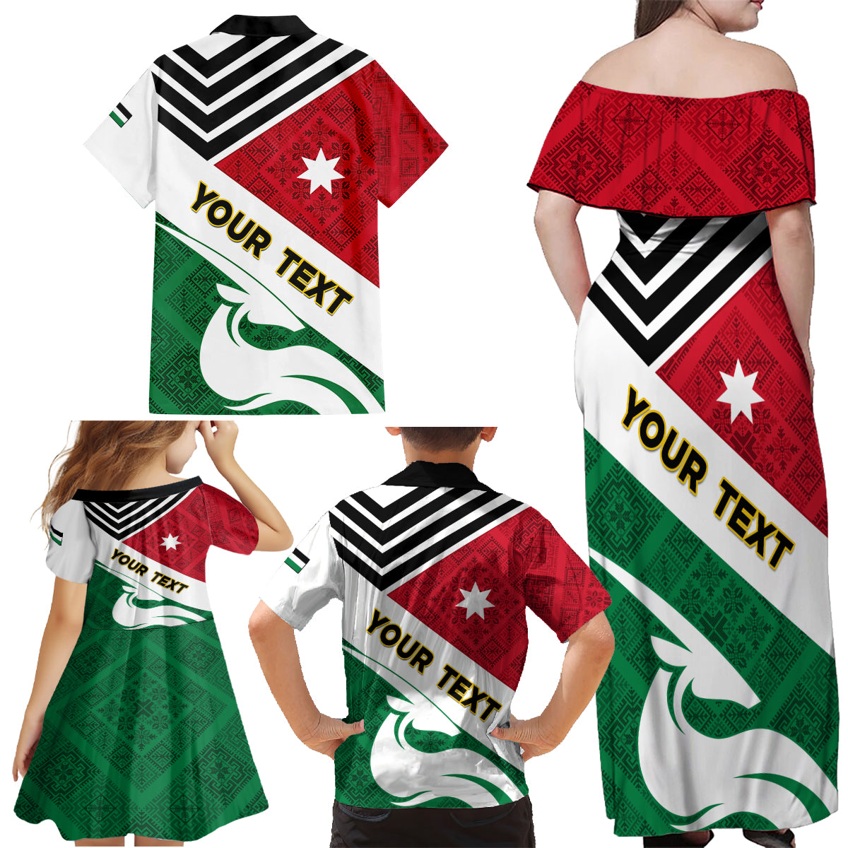 Jordan Independence Day Family Matching Off Shoulder Maxi Dress and Hawaiian Shirt Jordanie Folk Pattern Flag Style - Wonder Print Shop