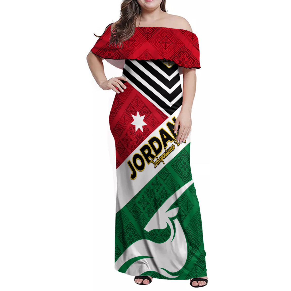 Jordan Independence Day Family Matching Off Shoulder Maxi Dress and Hawaiian Shirt Jordanie Folk Pattern Flag Style - Wonder Print Shop