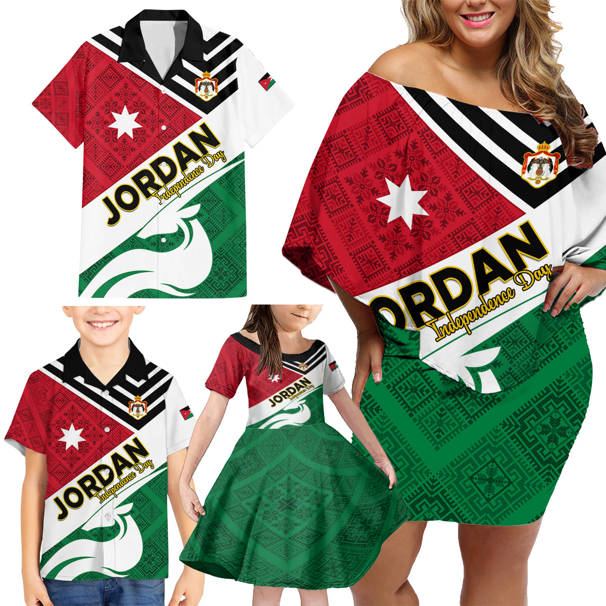 Jordan Independence Day Family Matching Off Shoulder Short Dress and Hawaiian Shirt Jordanie Folk Pattern Flag Style - Wonder Print Shop