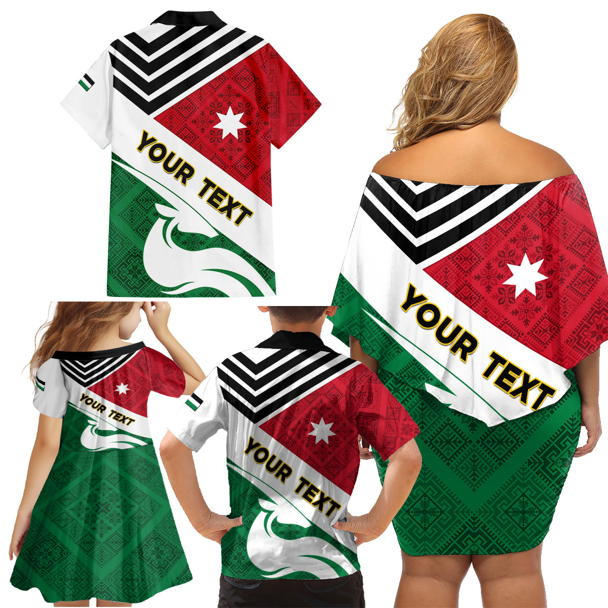 Jordan Independence Day Family Matching Off Shoulder Short Dress and Hawaiian Shirt Jordanie Folk Pattern Flag Style - Wonder Print Shop
