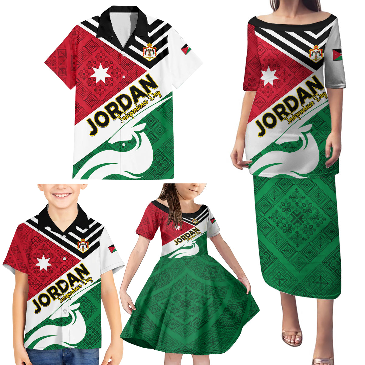 Jordan Independence Day Family Matching Puletasi and Hawaiian Shirt Jordanie Folk Pattern Flag Style - Wonder Print Shop