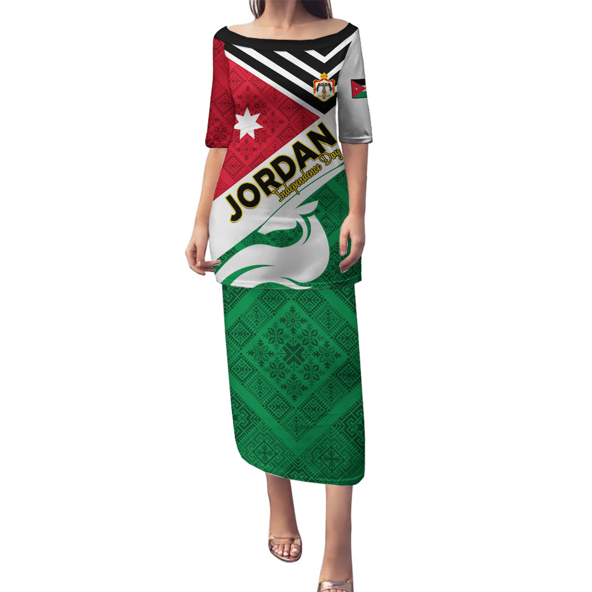 Jordan Independence Day Family Matching Puletasi and Hawaiian Shirt Jordanie Folk Pattern Flag Style - Wonder Print Shop