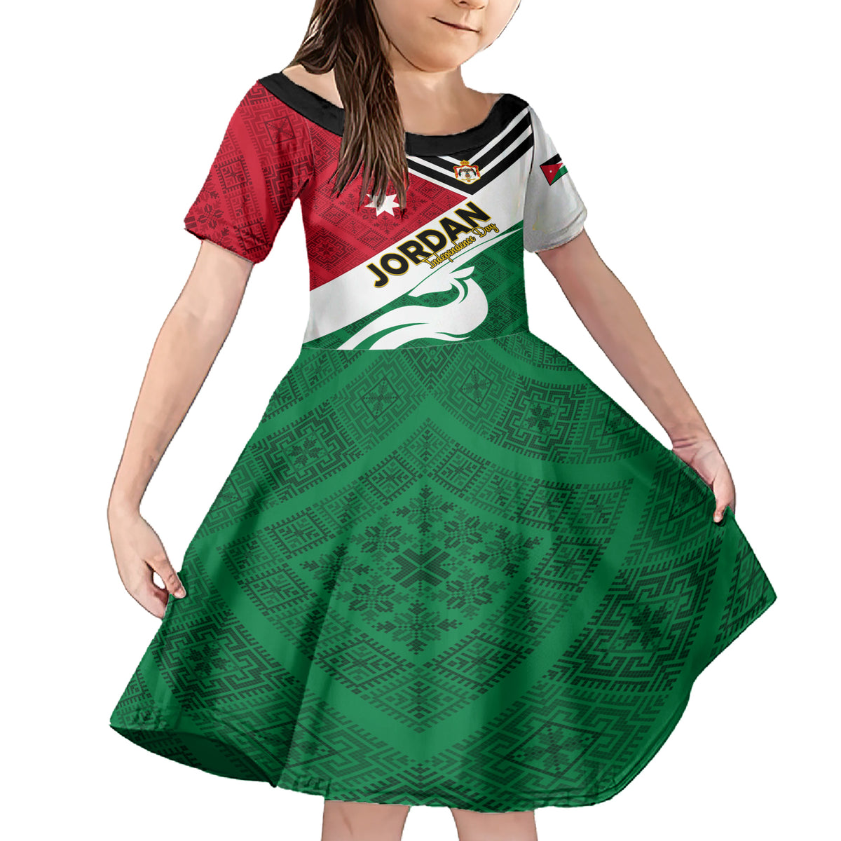 Jordan Independence Day Family Matching Short Sleeve Bodycon Dress and Hawaiian Shirt Jordanie Folk Pattern Flag Style - Wonder Print Shop