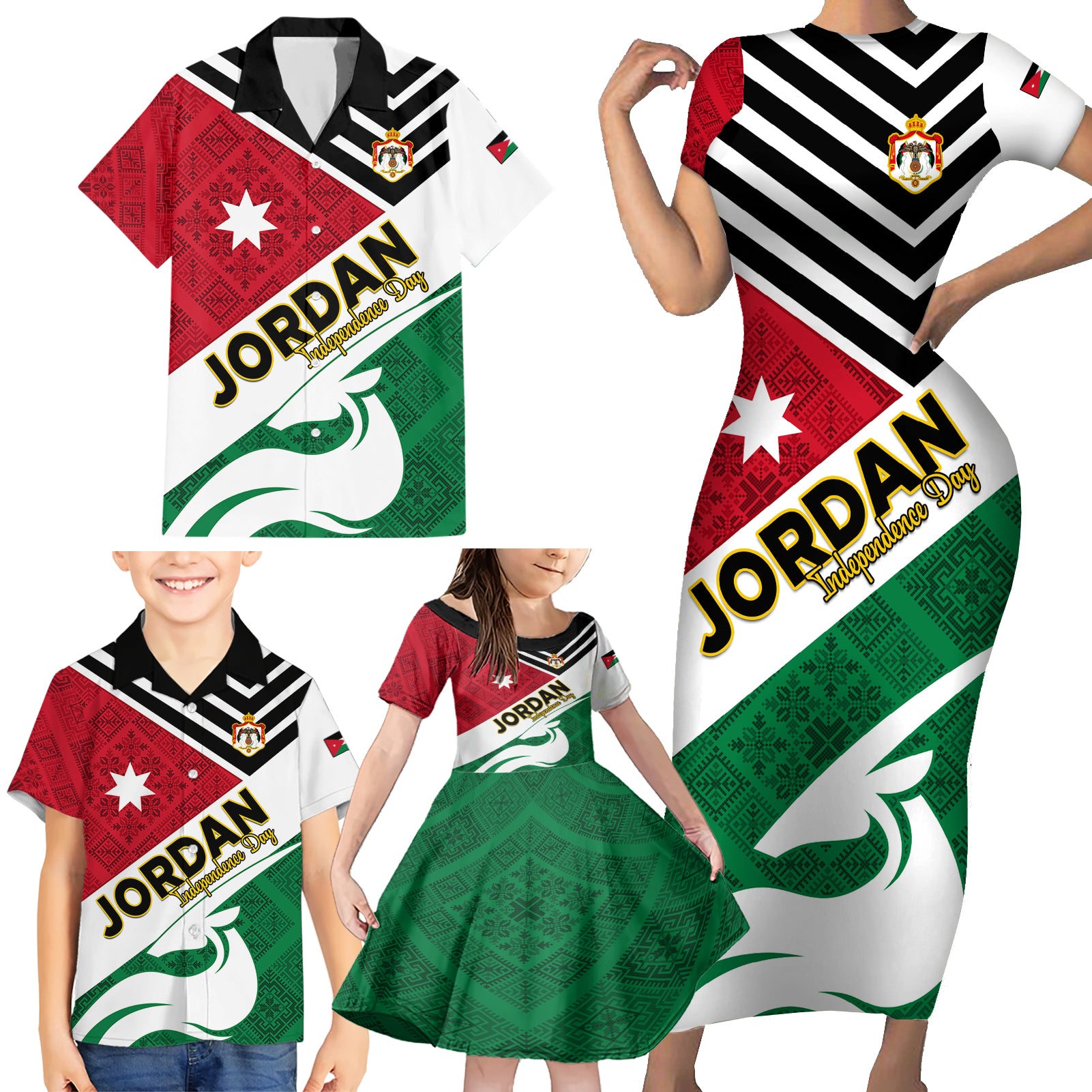 Jordan Independence Day Family Matching Short Sleeve Bodycon Dress and Hawaiian Shirt Jordanie Folk Pattern Flag Style - Wonder Print Shop