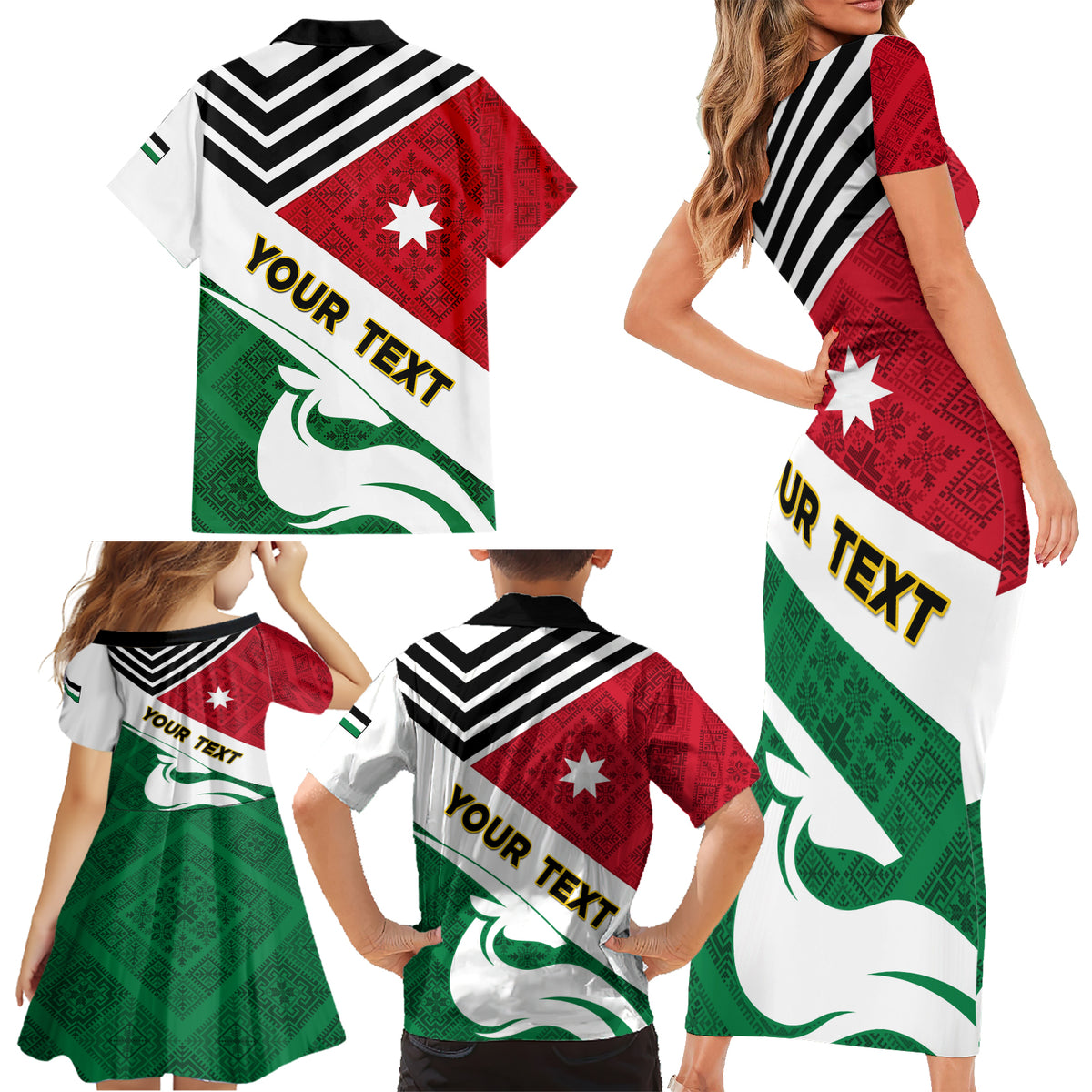 Jordan Independence Day Family Matching Short Sleeve Bodycon Dress and Hawaiian Shirt Jordanie Folk Pattern Flag Style - Wonder Print Shop