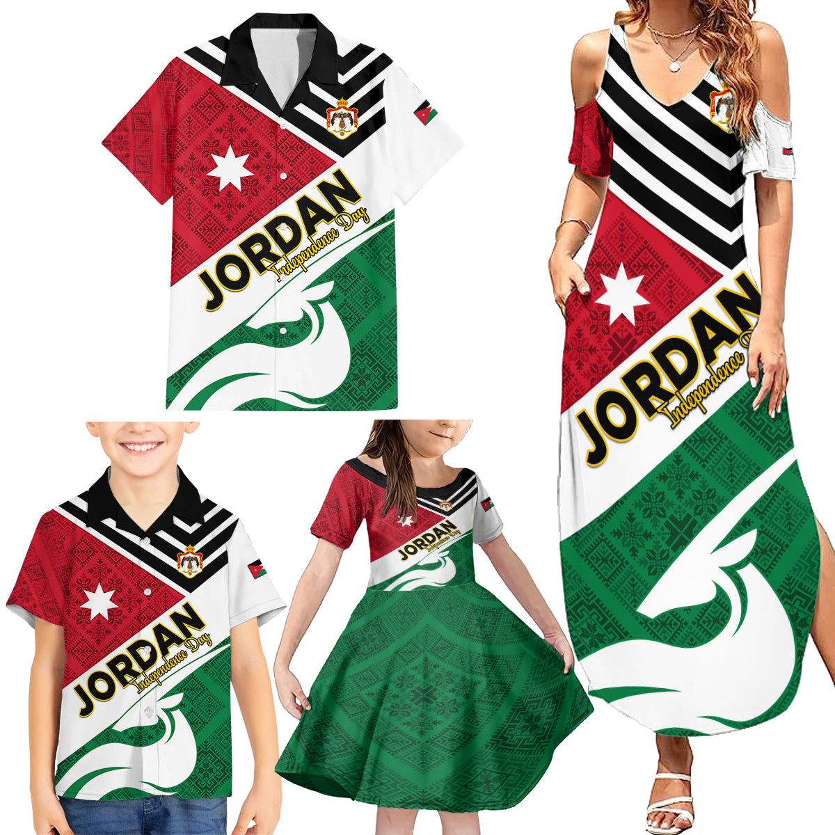 Jordan Independence Day Family Matching Summer Maxi Dress and Hawaiian Shirt Jordanie Folk Pattern Flag Style - Wonder Print Shop