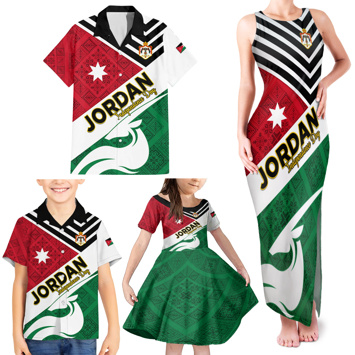 Jordan Independence Day Family Matching Tank Maxi Dress and Hawaiian Shirt Jordanie Folk Pattern Flag Style - Wonder Print Shop