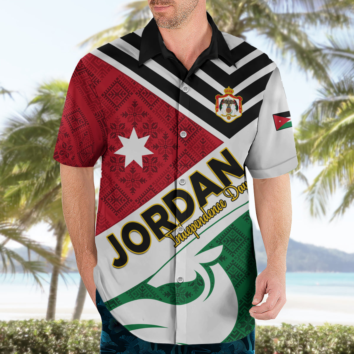 Jordan Independence Day Hawaiian Shirt Jordanie Folk Pattern Flag Style - Wonder Print Shop