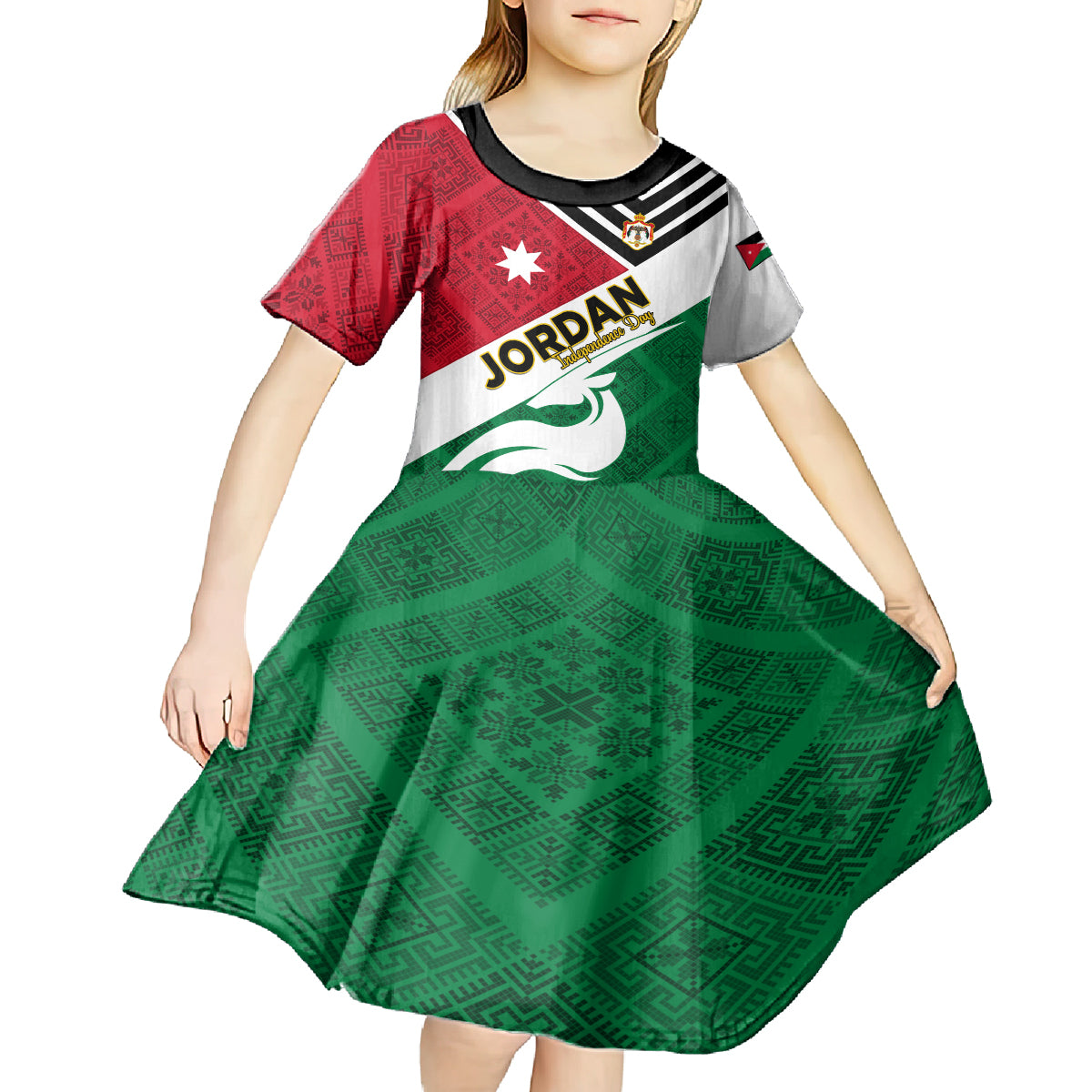 Jordan Independence Day Kid Short Sleeve Dress Jordanie Folk Pattern Flag Style - Wonder Print Shop