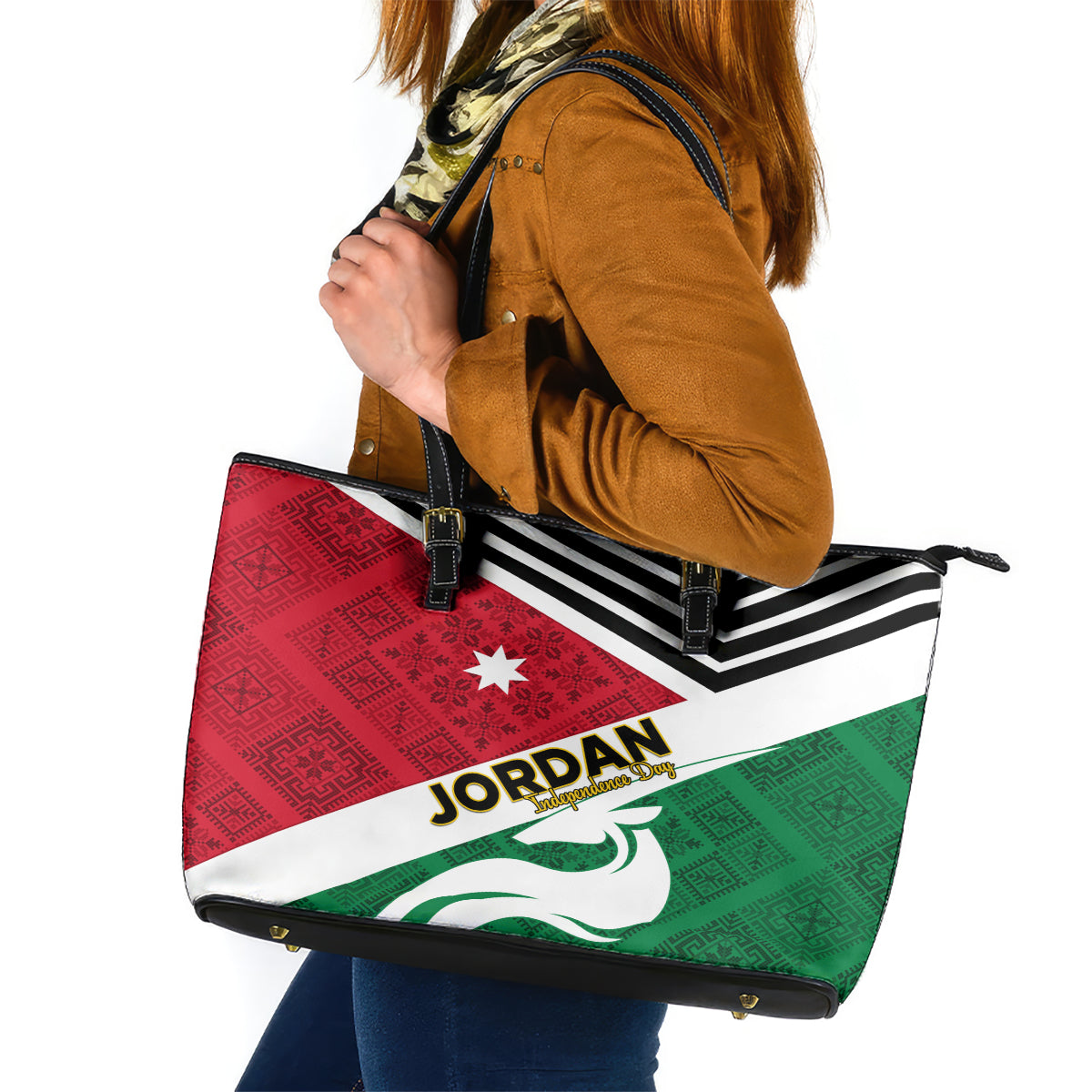 Jordan Independence Day Leather Tote Bag Jordanie Folk Pattern Flag Style - Wonder Print Shop