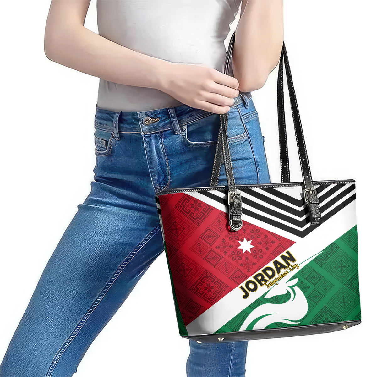 Jordan Independence Day Leather Tote Bag Jordanie Folk Pattern Flag Style - Wonder Print Shop