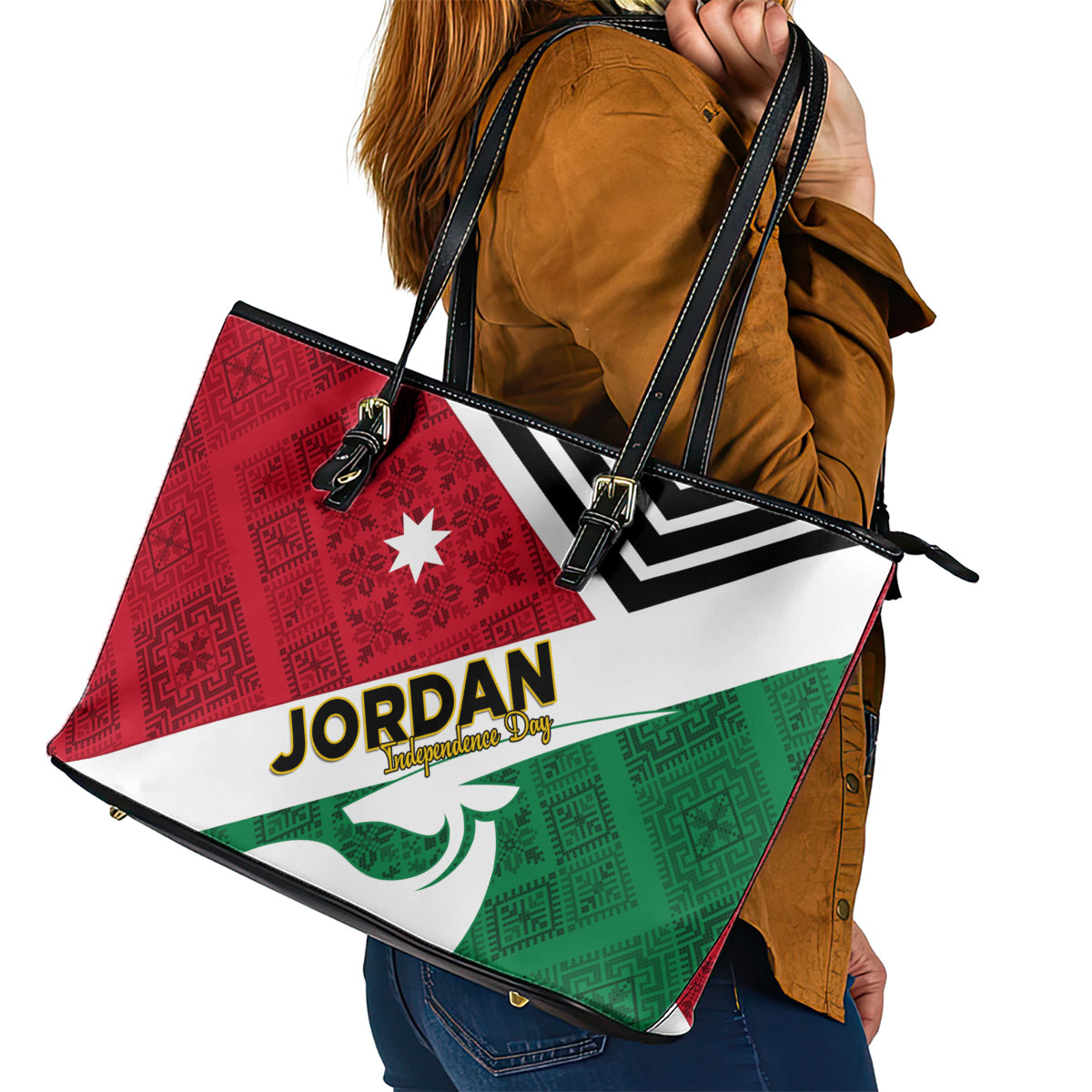 Jordan Independence Day Leather Tote Bag Jordanie Folk Pattern Flag Style - Wonder Print Shop