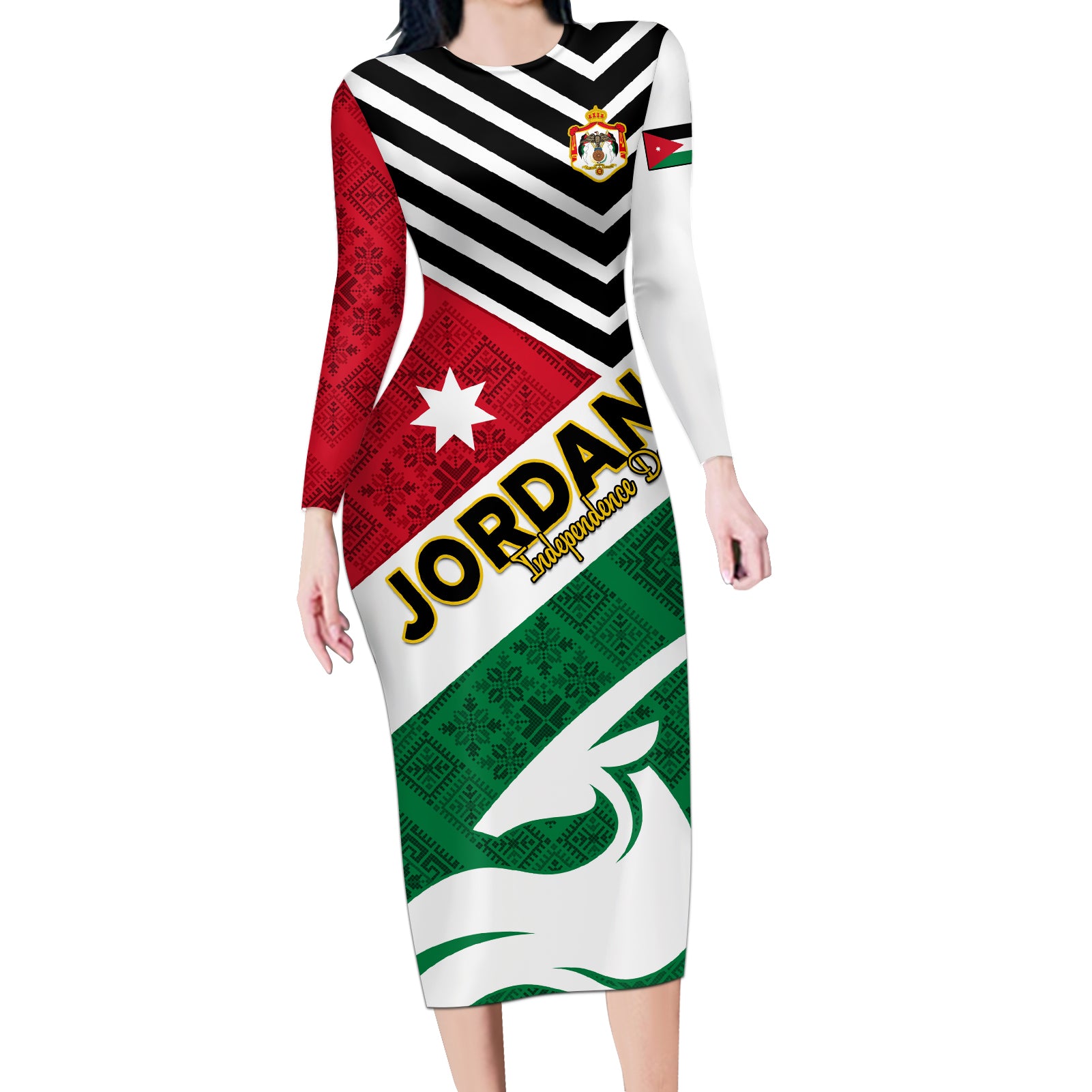 Jordan Independence Day Long Sleeve Bodycon Dress Jordanie Folk Pattern Flag Style - Wonder Print Shop