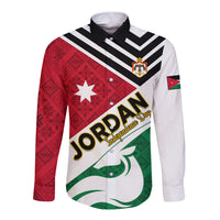 Jordan Independence Day Long Sleeve Button Shirt Jordanie Folk Pattern Flag Style - Wonder Print Shop