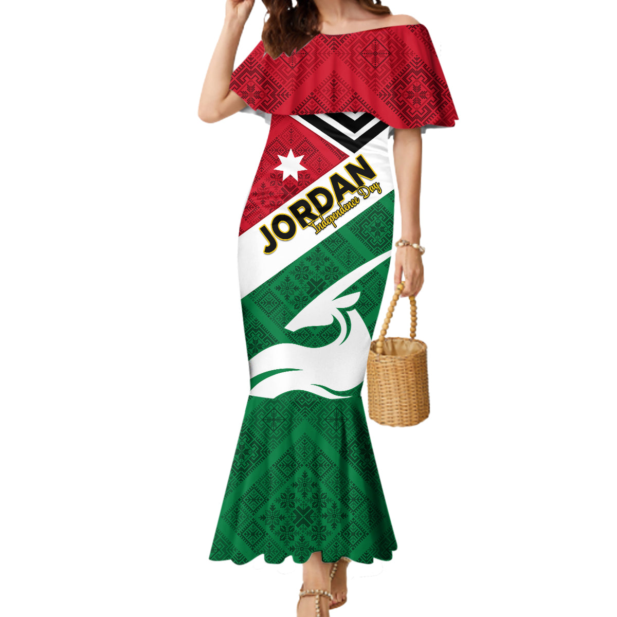Jordan Independence Day Mermaid Dress Jordanie Folk Pattern Flag Style - Wonder Print Shop