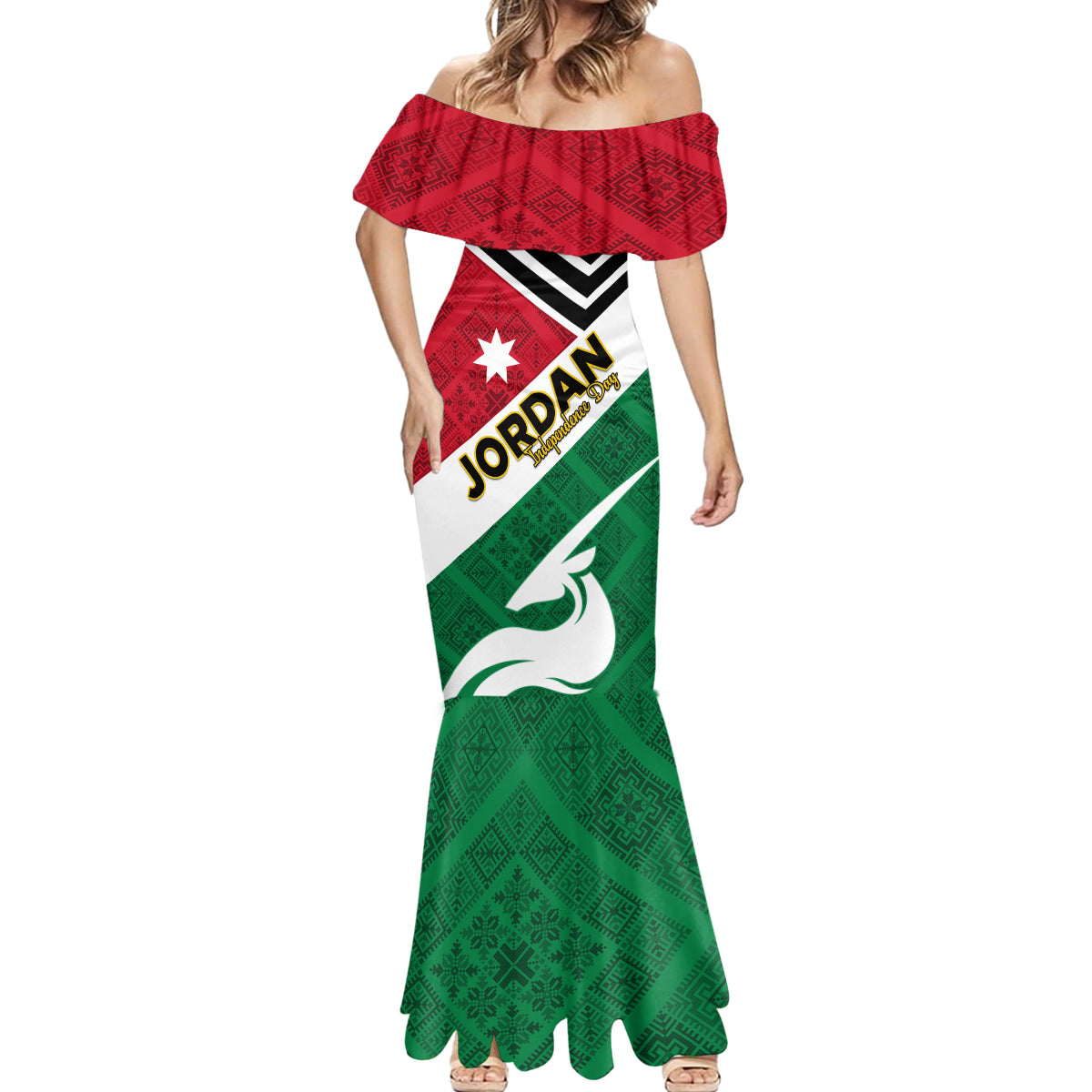 Jordan Independence Day Mermaid Dress Jordanie Folk Pattern Flag Style - Wonder Print Shop
