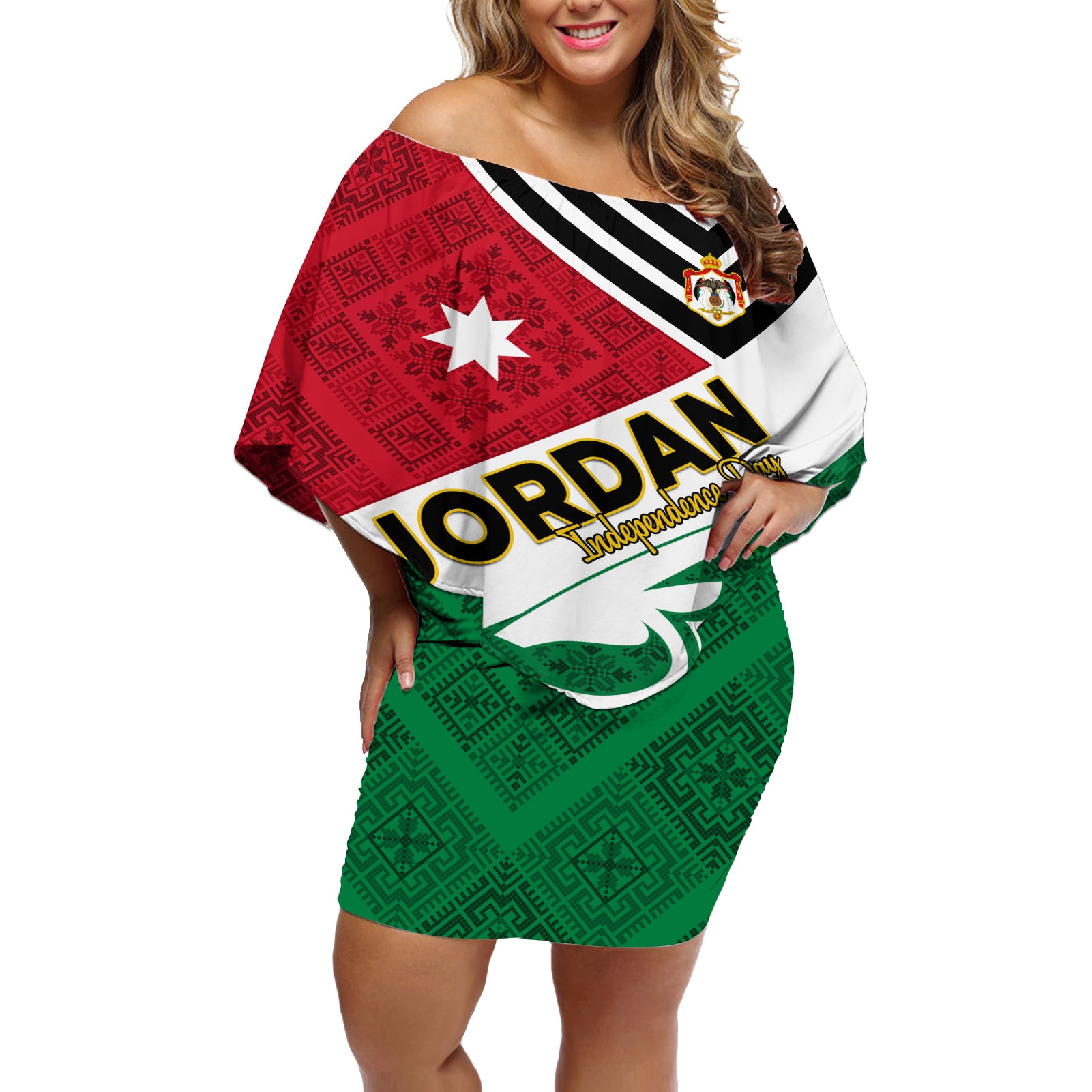 Jordan Independence Day Off Shoulder Short Dress Jordanie Folk Pattern Flag Style - Wonder Print Shop