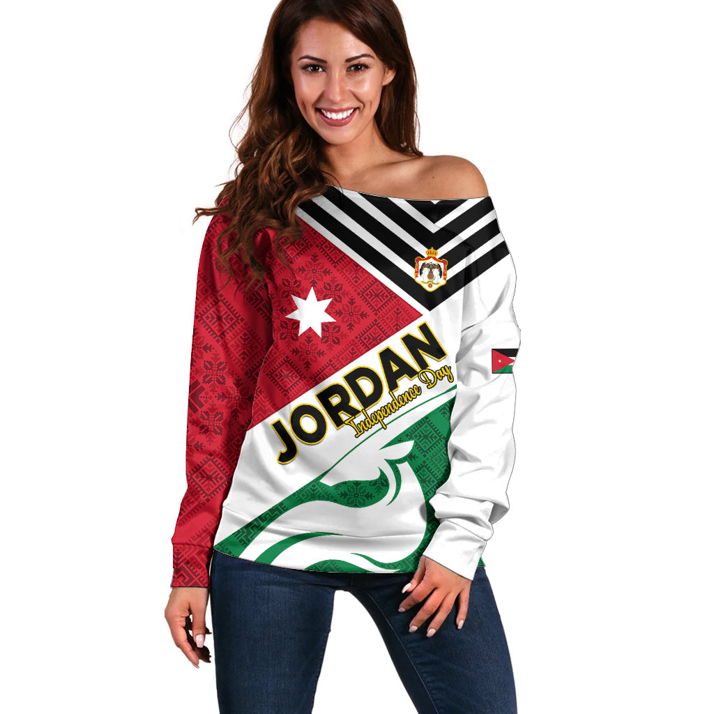 Jordan Independence Day Off Shoulder Sweater Jordanie Folk Pattern Flag Style - Wonder Print Shop