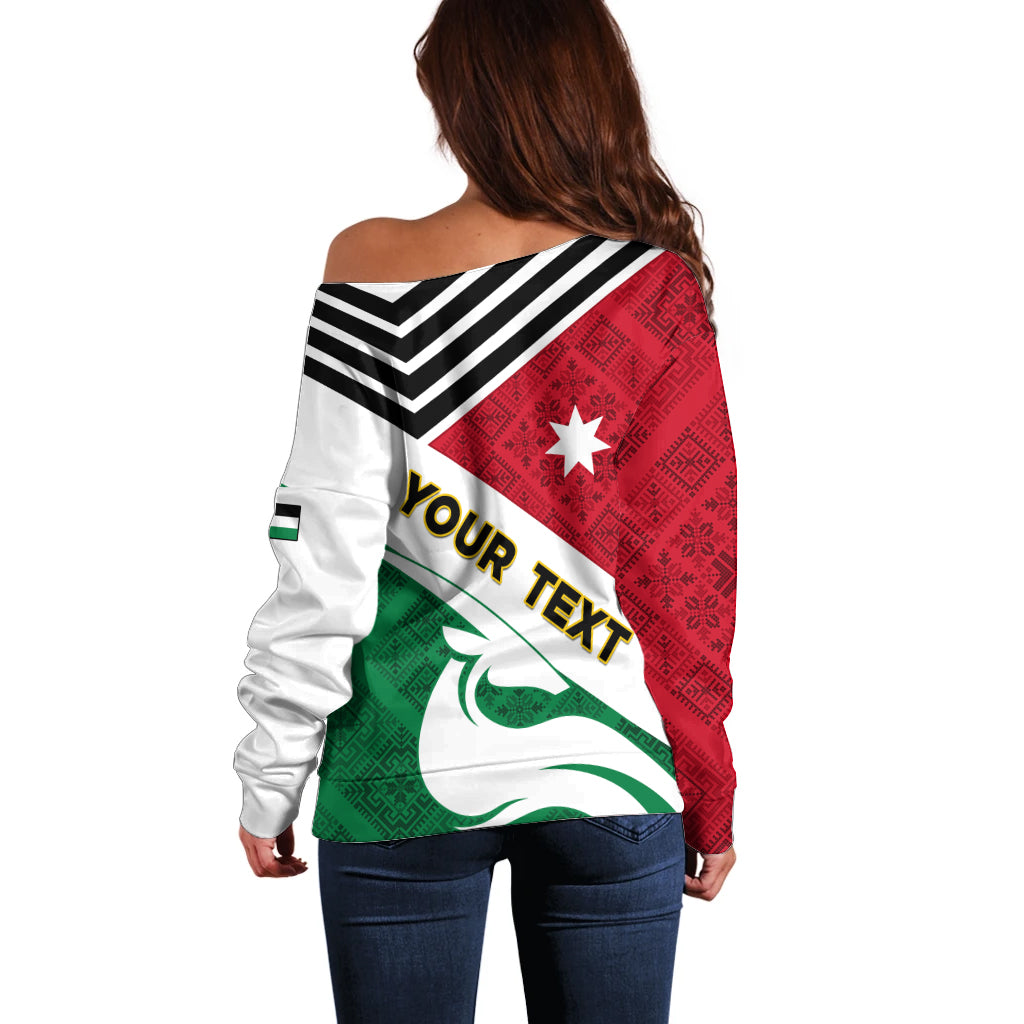 Jordan Independence Day Off Shoulder Sweater Jordanie Folk Pattern Flag Style - Wonder Print Shop