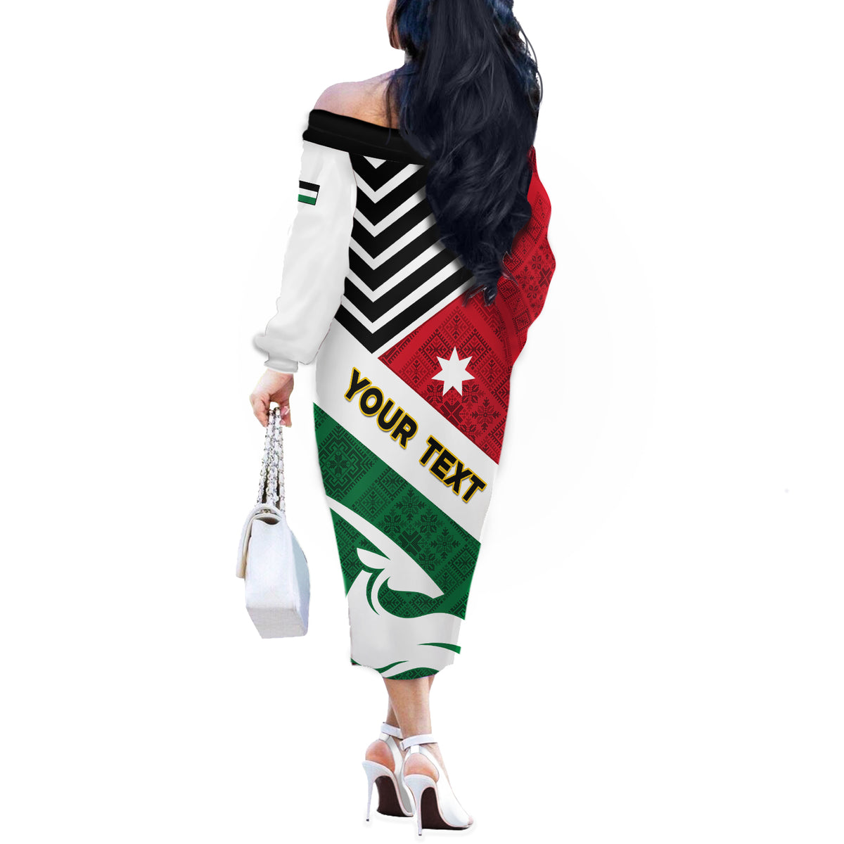 Jordan Independence Day Off The Shoulder Long Sleeve Dress Jordanie Folk Pattern Flag Style - Wonder Print Shop