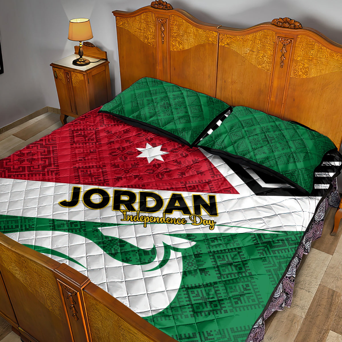 Jordan Independence Day Quilt Bed Set Jordanie Folk Pattern Flag Style - Wonder Print Shop