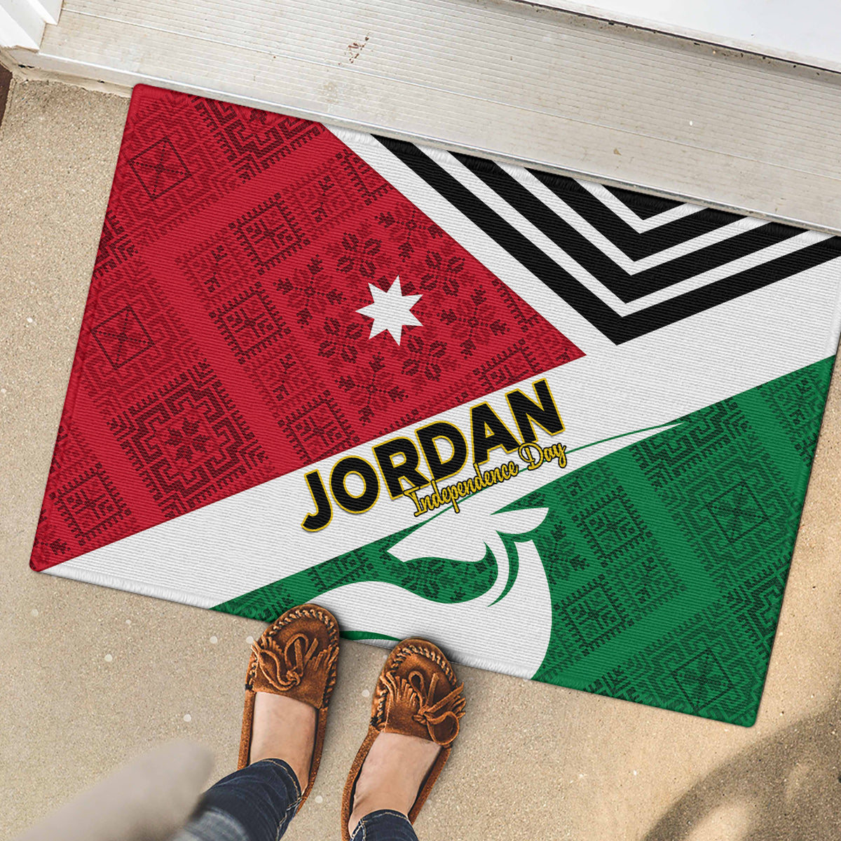 Jordan Independence Day Rubber Doormat Jordanie Folk Pattern Flag Style - Wonder Print Shop
