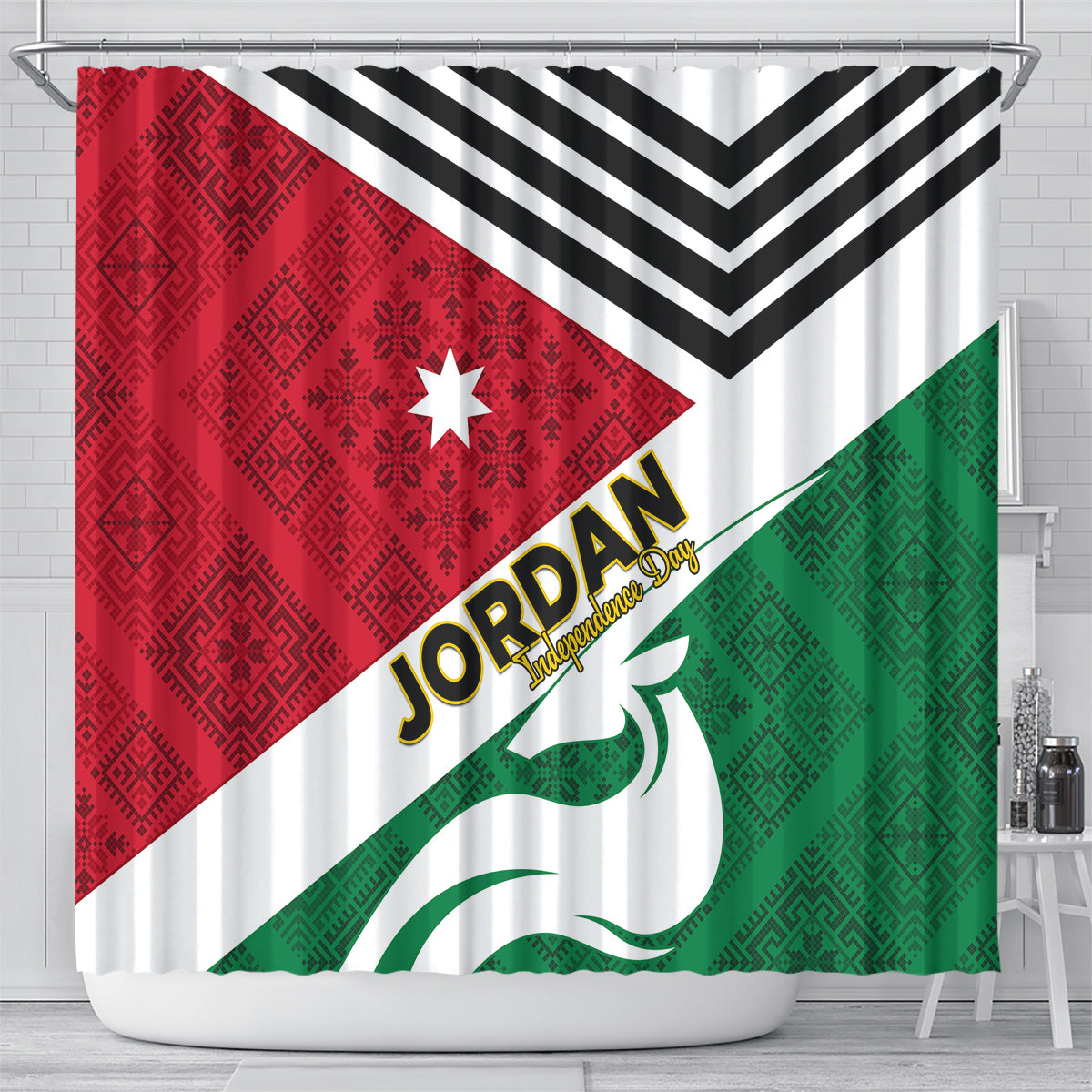 Jordan Independence Day Shower Curtain Jordanie Folk Pattern Flag Style